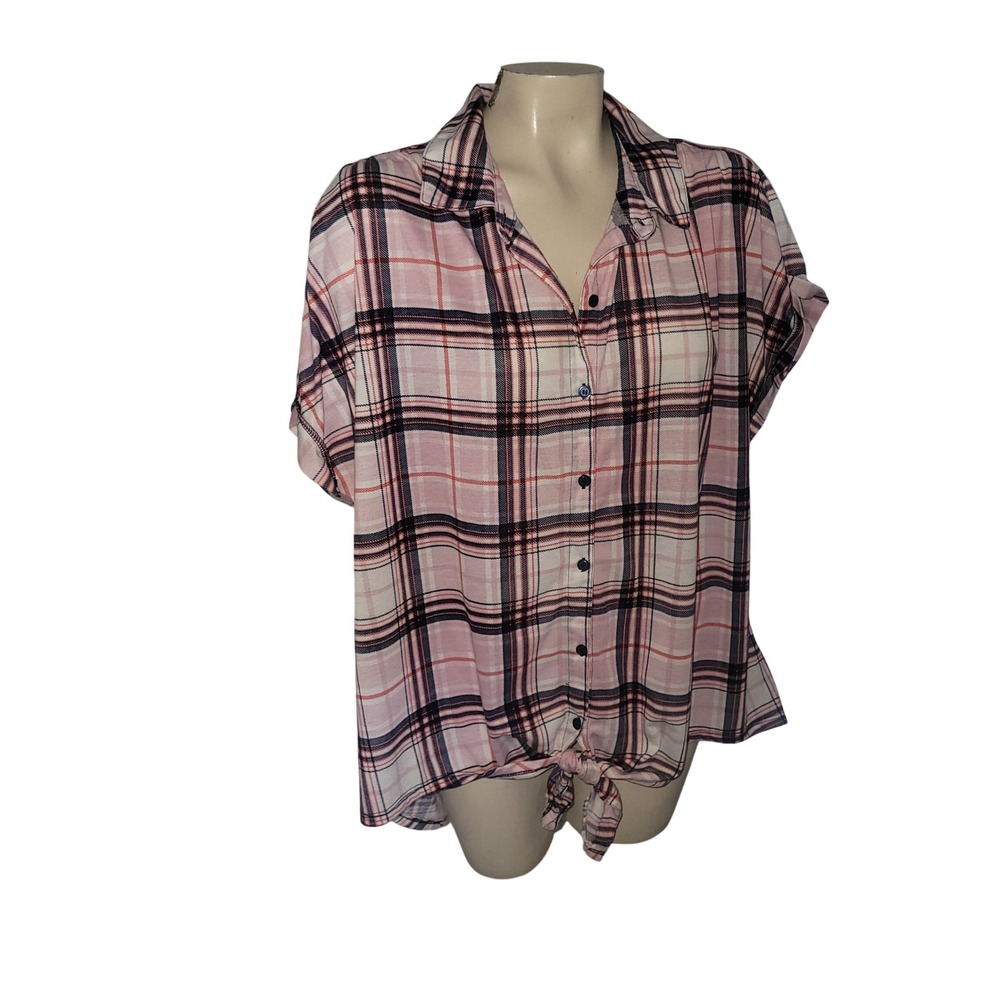 New York Laundry Pink Plaid Button‎ Front Tie Front Short Sleeve Shirt Top 2X